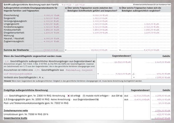 Scheidung abrechnen Familienabrechnungsbogen Anrechnung außergerichtlich, hier abgebildet nach KostRÄG 2021